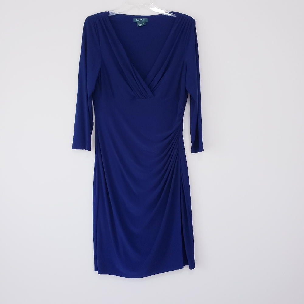 Ralph Lauren Navy Blue Faux Wrap Jersey Long Sleeve Dress Stretchy Size 14 - Picture 6 of 13